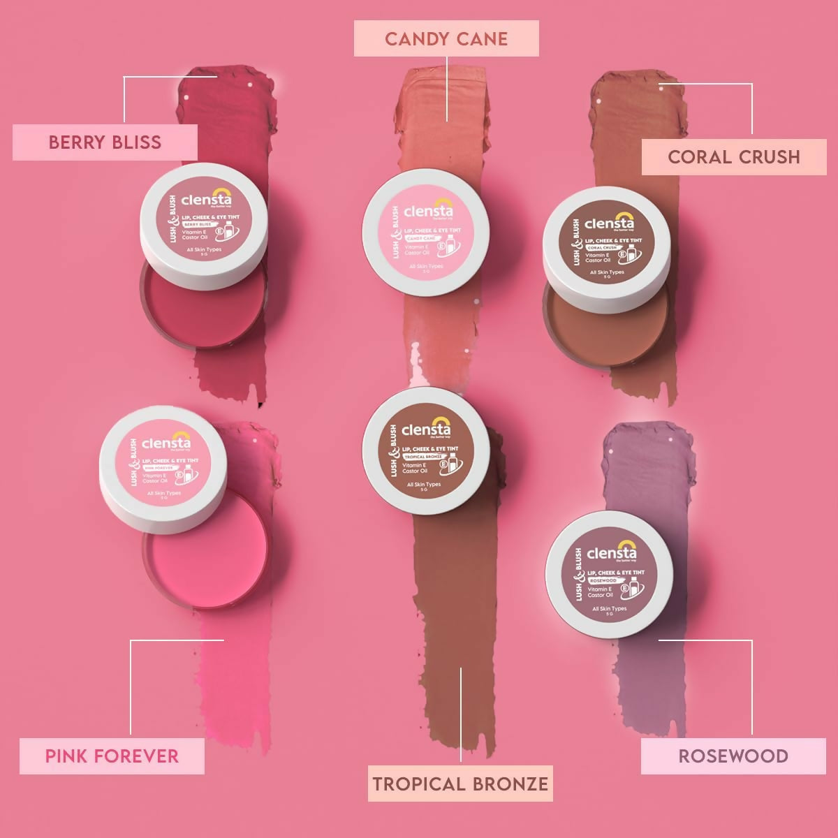 Clensta Lip Cheek Tint - Berry Bliss with Goodness of Vitamin E & Castor Oil | Grocsy