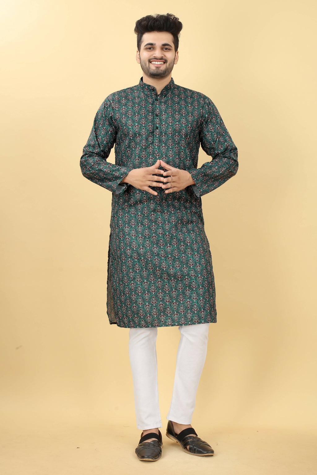 Teal Cotton Printed Men's Kurta - Mahotsav | Grocsy