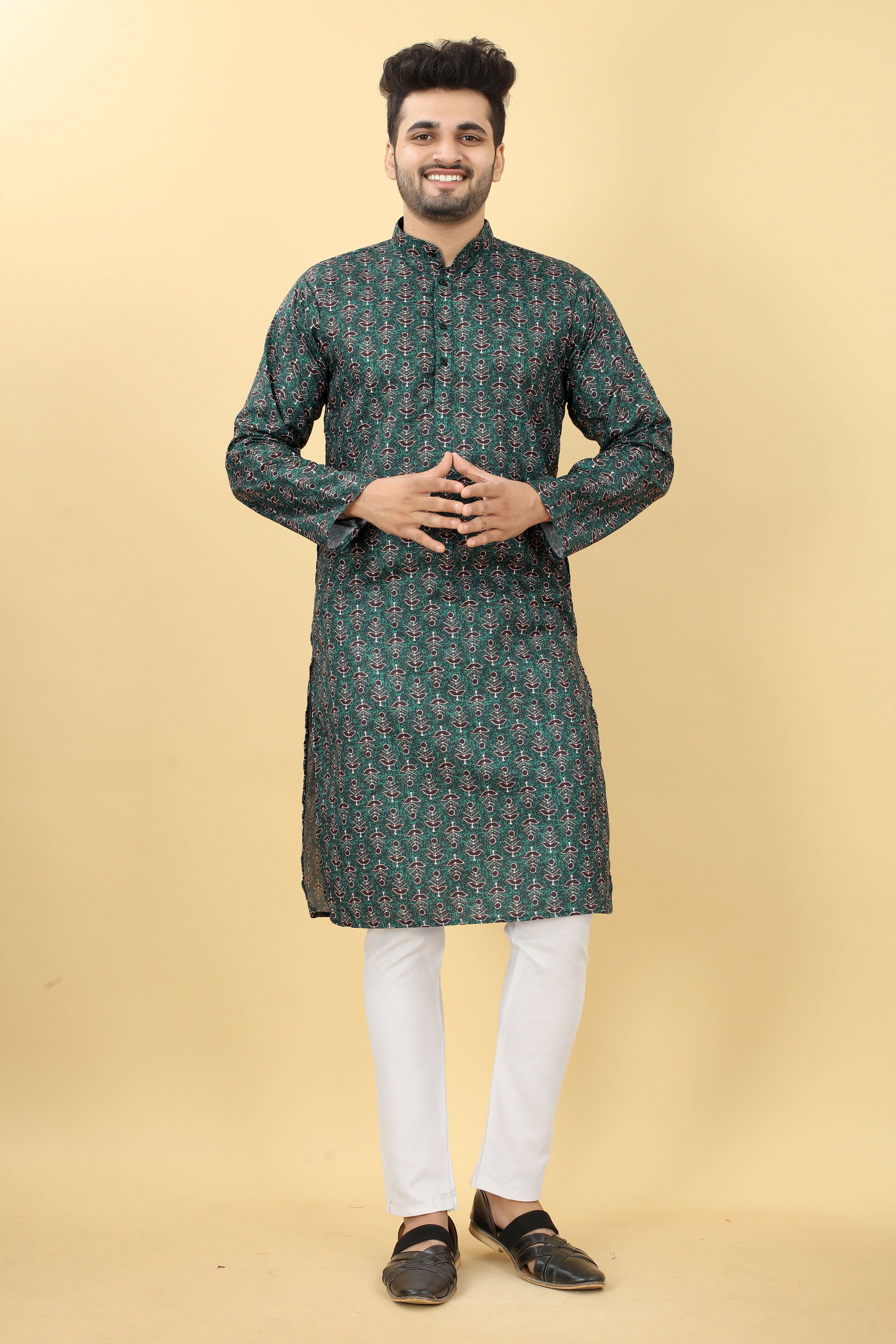 Teal Cotton Printed Men's Kurta - Mahotsav | Grocsy