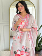 The52 Women's Beautiful Rayon Fabric Printed Work Straight Kurta Pant and Dupatta Set | Grocsy