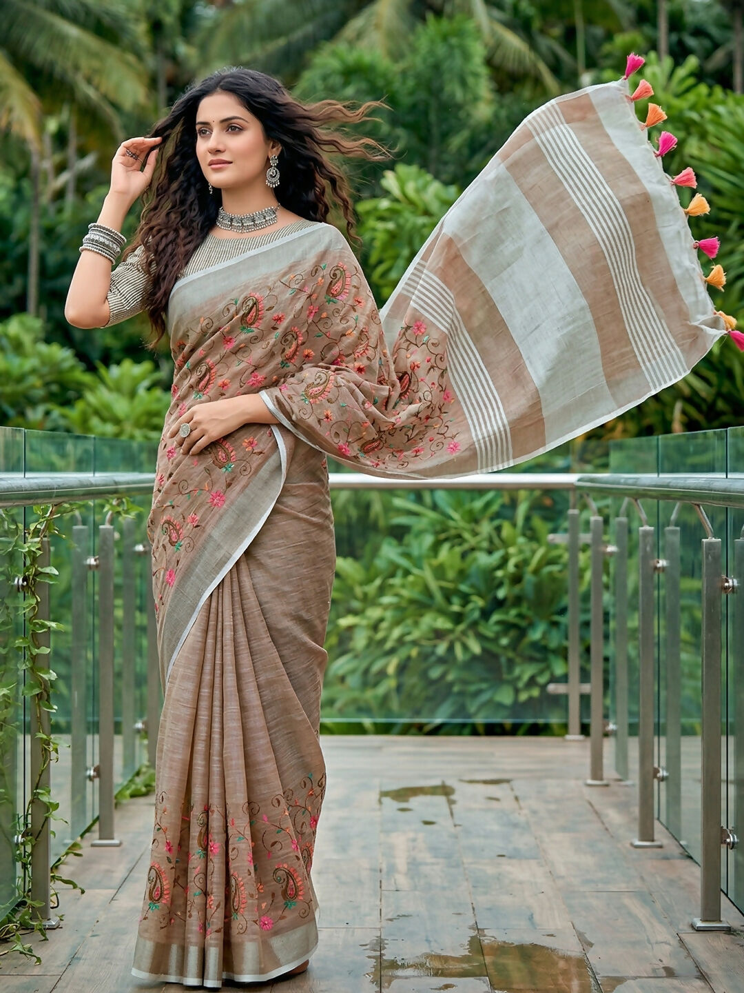 Shree Shyam Fashion Brown Linen Saree | Grocsy
