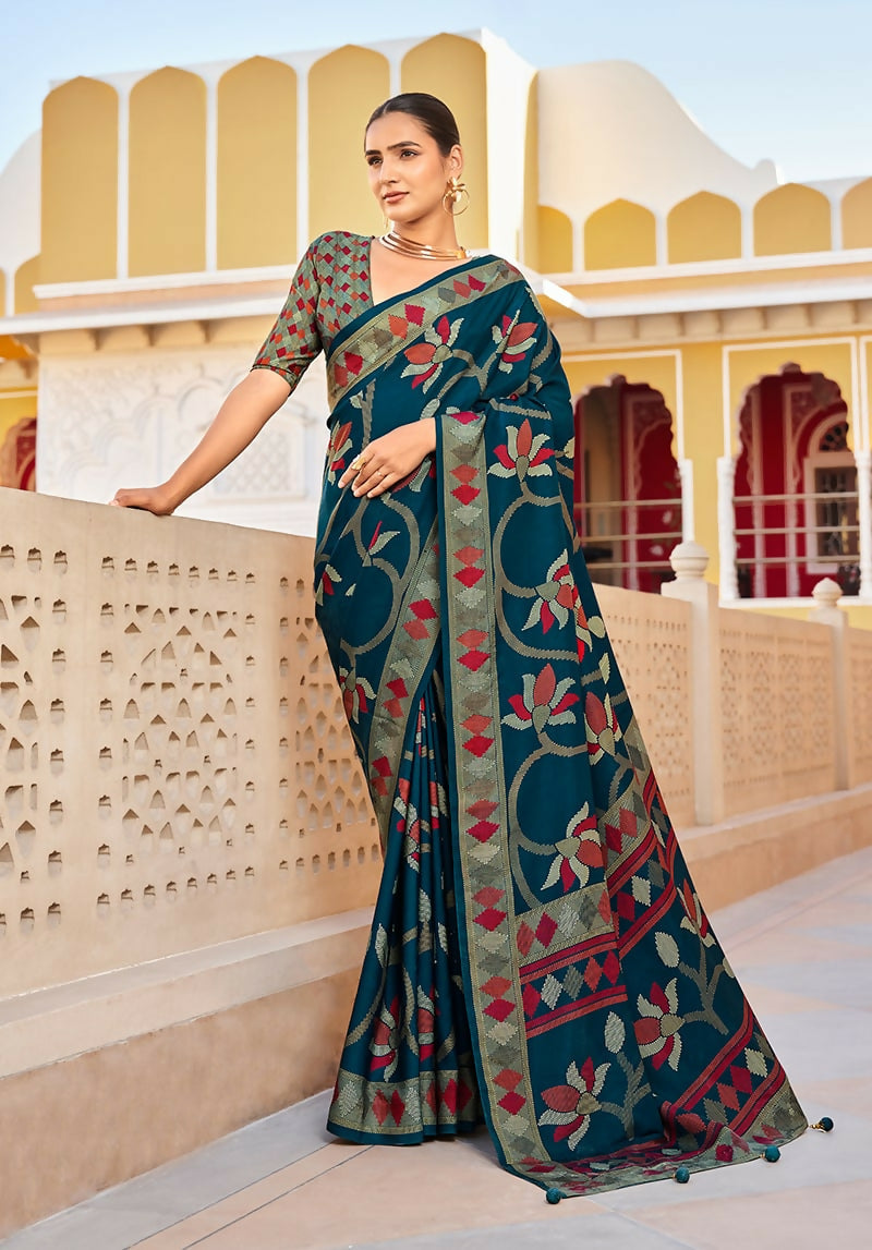 Monjolika Fashion Silk Blend Teal Printed Saree | Grocsy