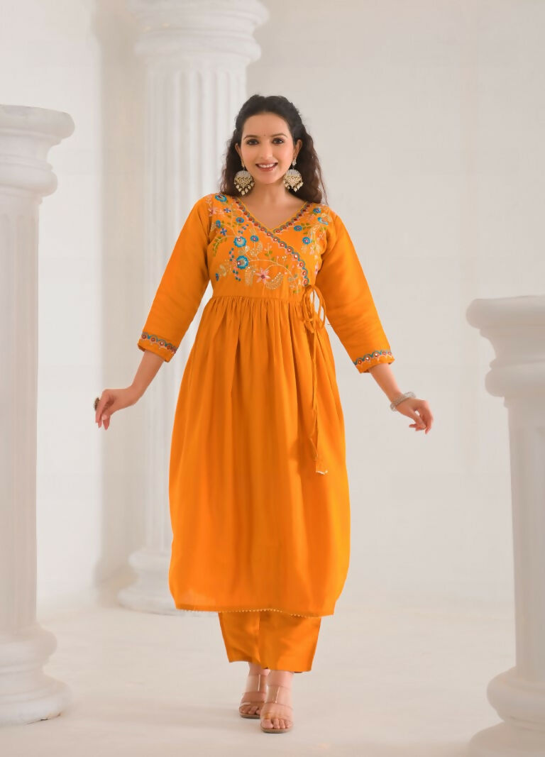 Ethnic Festive Wear Viscose Chanderi orange Stitched Suit With Dupatta - Tanisha | Grocsy