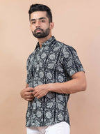 Miravan Men's Pure Cotton Black Floral Printed Half Sleeve Slim Fit Shirt | Grocsy