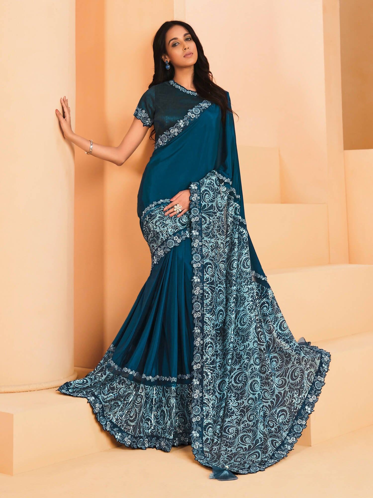 Teal Satin Crepe Silk Sequence Embroidered Saree With Unstitched Blouse - Mohmanthan Yavanika | Grocsy