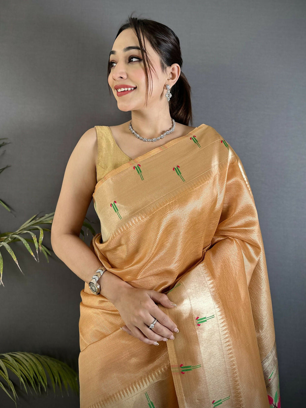 Joban Fashion Gold Yellow Peacock & Floral Motifs Tissue Paithani Saree | Grocsy