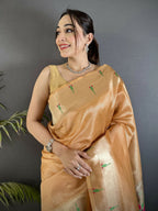 Joban Fashion Gold Yellow Peacock & Floral Motifs Tissue Paithani Saree | Grocsy