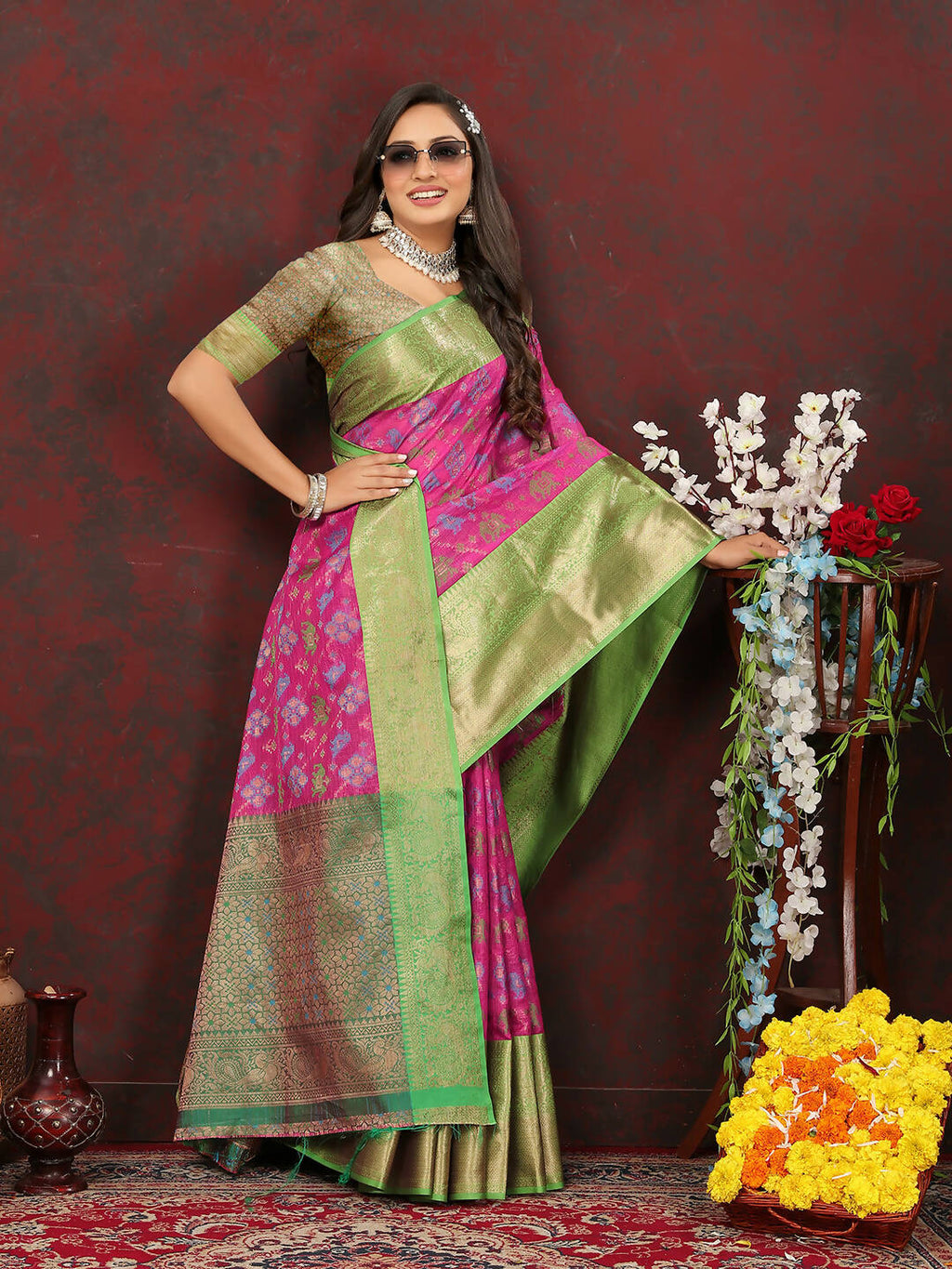 Lorenvalley Fashion Pink Cotton Woven Design Zari Meenakari Weaving Saree | Grocsy