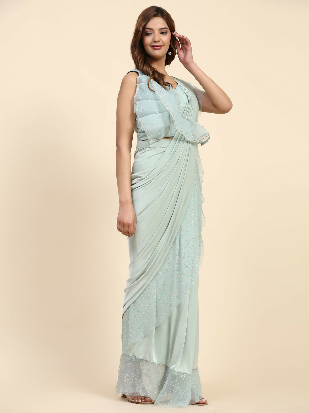 Light Blue Lycra Solid Ready to Wear Saree with stitched Blouse - Nita | Grocsy