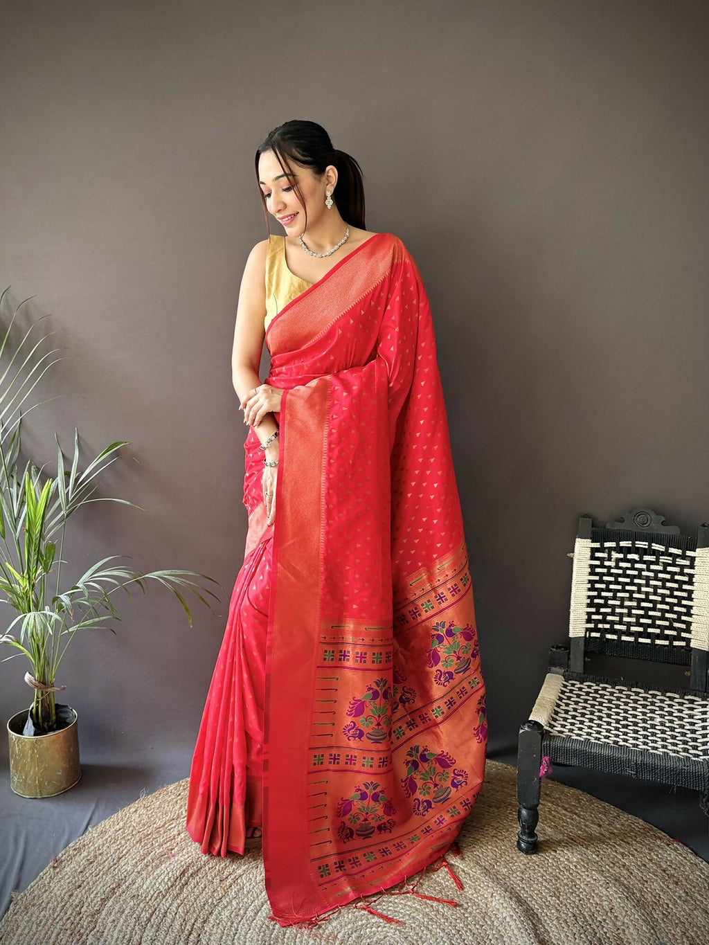 Joban Fashion Red Jacquard Butti Soft Lichi Silk Paithani Saree | Grocsy