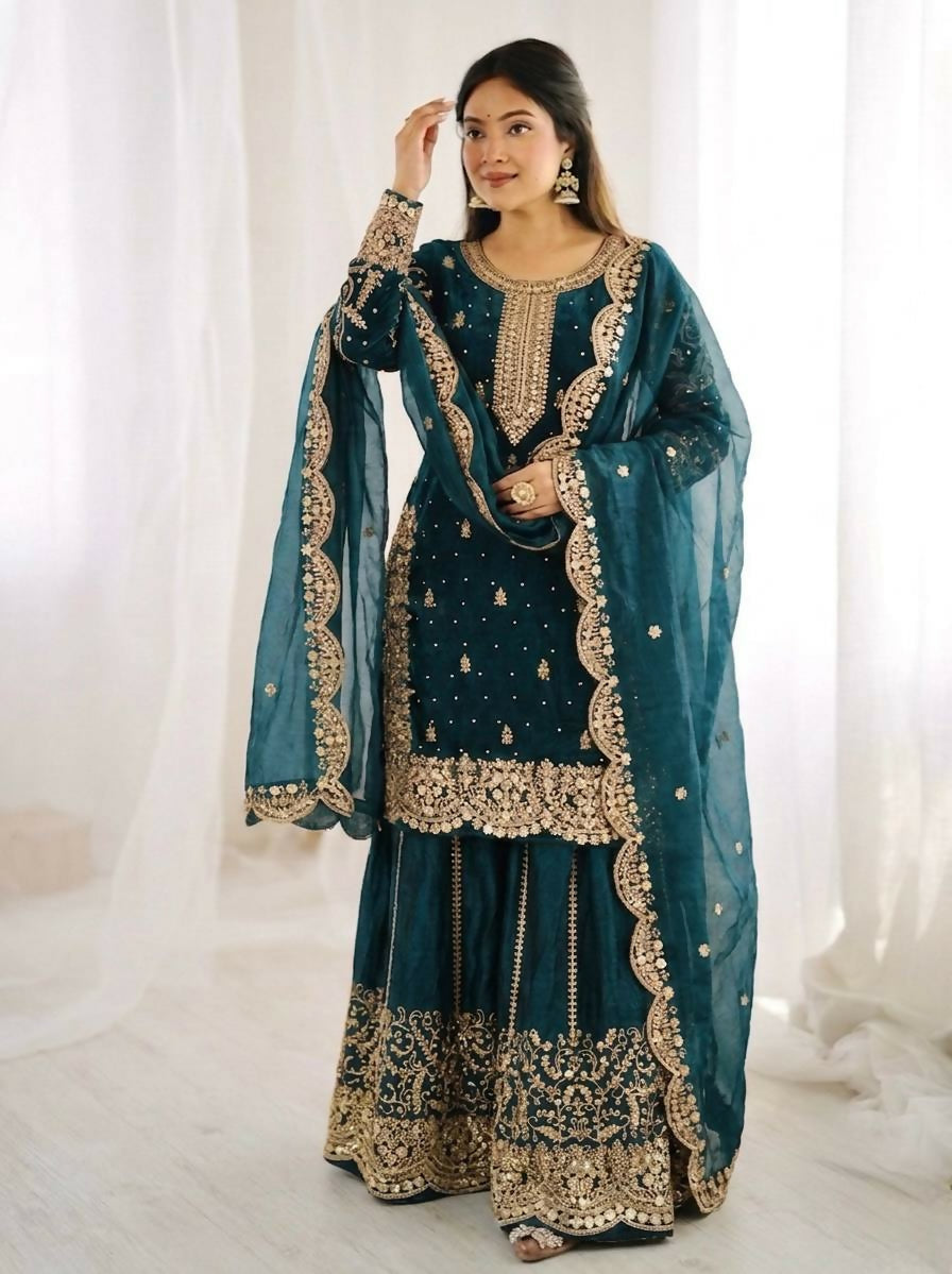 Teeya Creation Teal Color Fendy Silk Embroidery Work Wedding Wear Salwar Suit | Grocsy