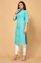Light Green Cottan Slub Embroidery Kurti - Umi | Grocsy