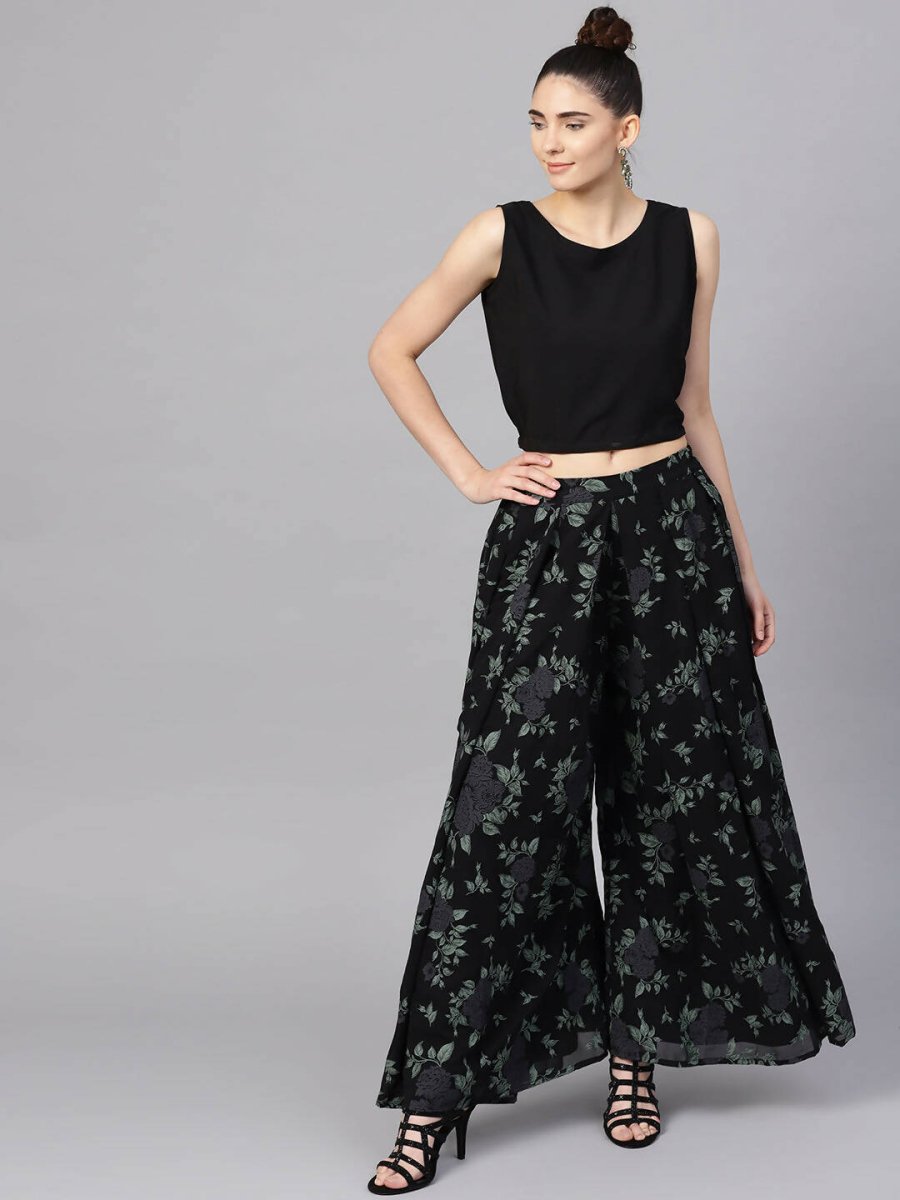 Ahalyaa Black Georgette Crepe Printed Top Palazzo Set With Jacket | Grocsy