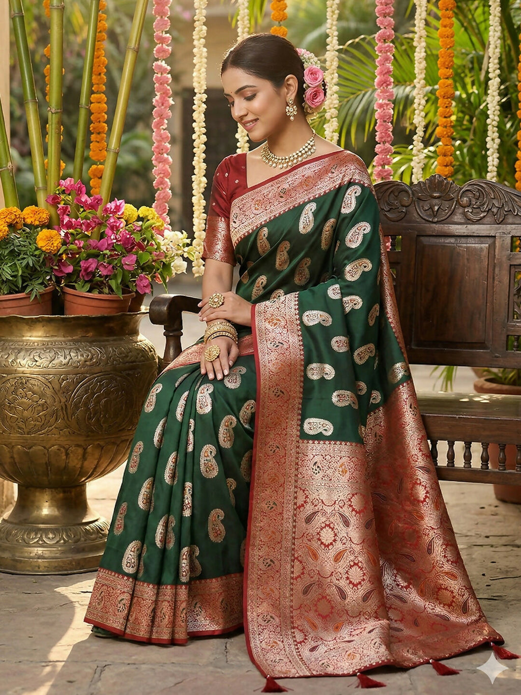 Shree Shyam Fashion Green Silk Blend Saree | Grocsy