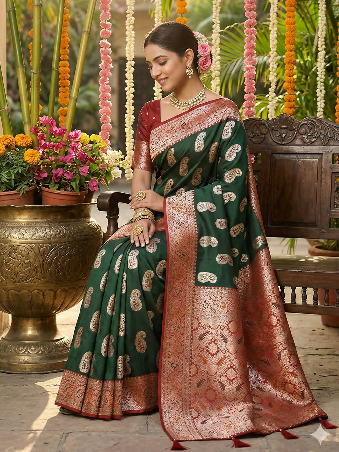 Shree Shyam Fashion Green Silk Blend Saree | Grocsy