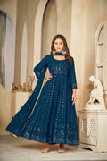 Jyoti Fashion Women's Rama Georgette Embroidered Anarkali Kurta Pant Set With Dupatta | Grocsy