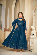 Jyoti Fashion Women's Rama Georgette Embroidered Anarkali Kurta Pant Set With Dupatta | Grocsy