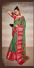 Sea Green Cotton Floral Printed Saree With Unstitched Blouse Piece - Kathika | Grocsy