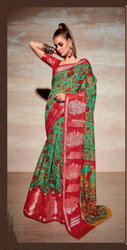 Sea Green Cotton Floral Printed Saree With Unstitched Blouse Piece - Kathika | Grocsy