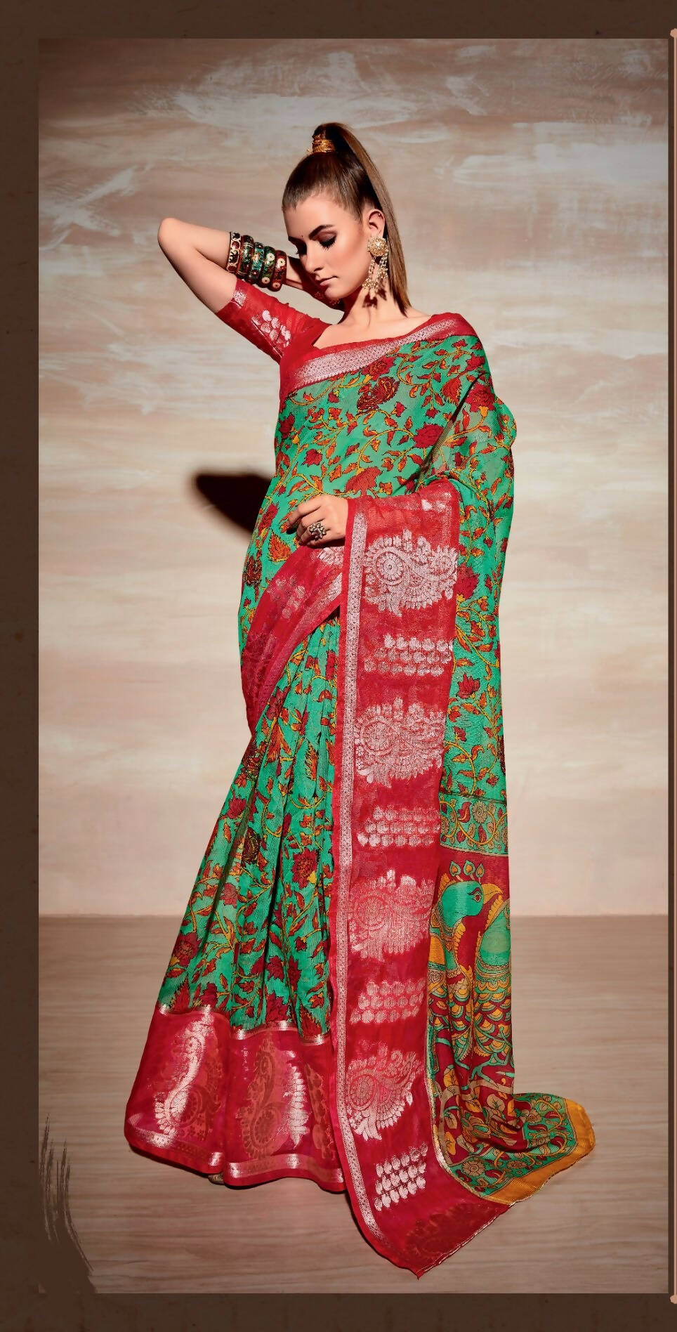 Sea Green Cotton Floral Printed Saree With Unstitched Blouse Piece - Kathika | Grocsy