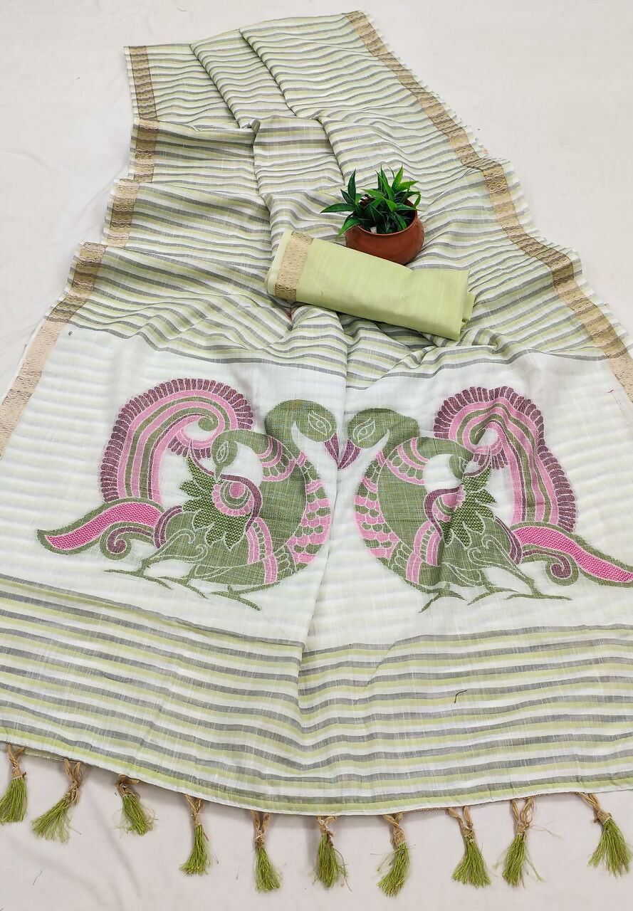 Vastranavya Pista Linen Cotton Meenakari Weaving Pallu Saree with Contrast Blouse | Grocsy