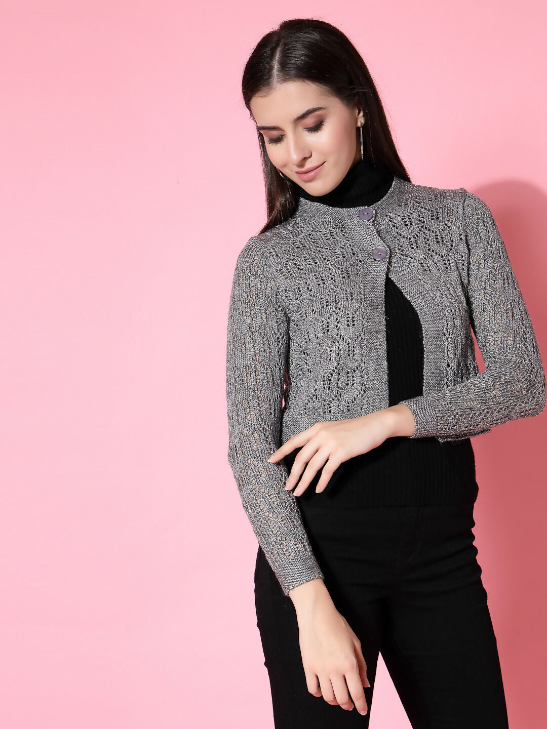 Women Self Design Grey Acrylic Winter Shrug - Wool Trees | Grocsy