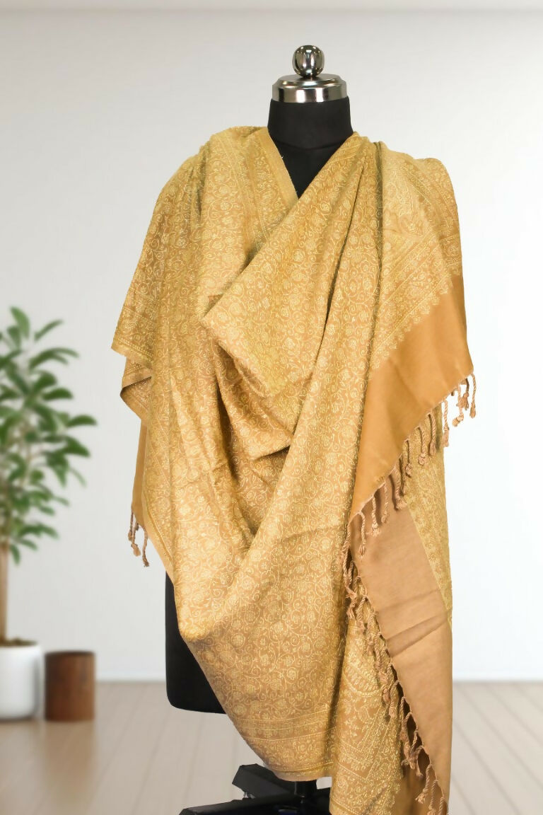Weaving Mystery Handloom Pashmina Shawl-Kaani Zari - Tan Brown | Grocsy
