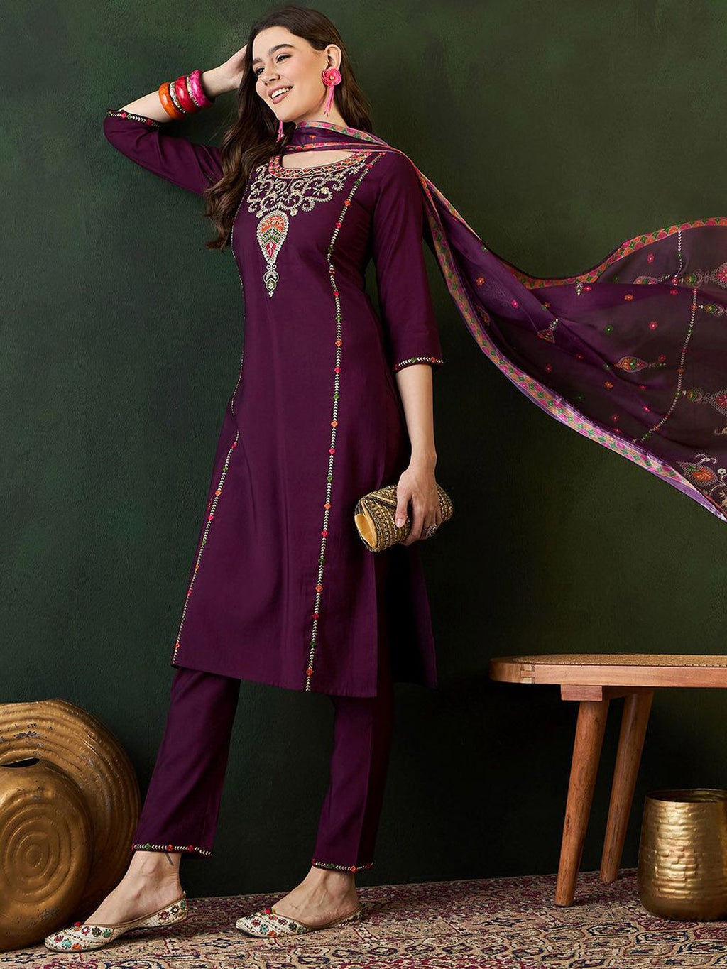 Sangria Embroidered Zari Sequence Kurta With Trousers & Dupatta Set | Grocsy