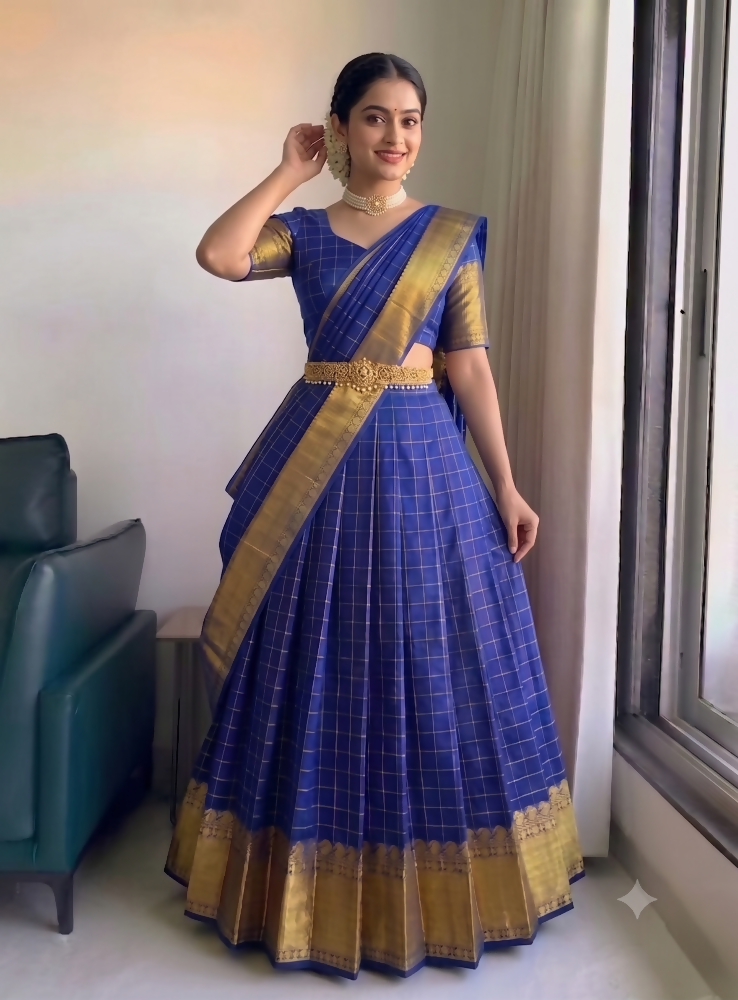 Teeya Creation Vibrant Royal Blue Checkered Silk Lehenga Choli with Antique Gold Border | Grocsy