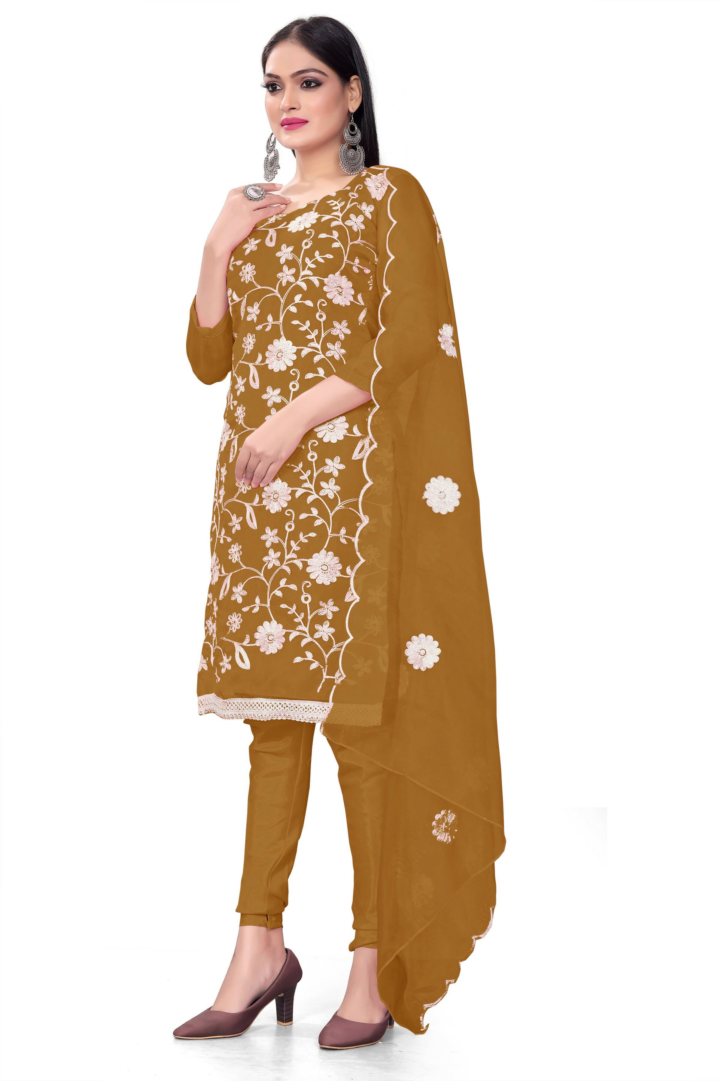 Olive Organza Silk Embroidered Work Unstitched Dress Material - Tanvi | Grocsy