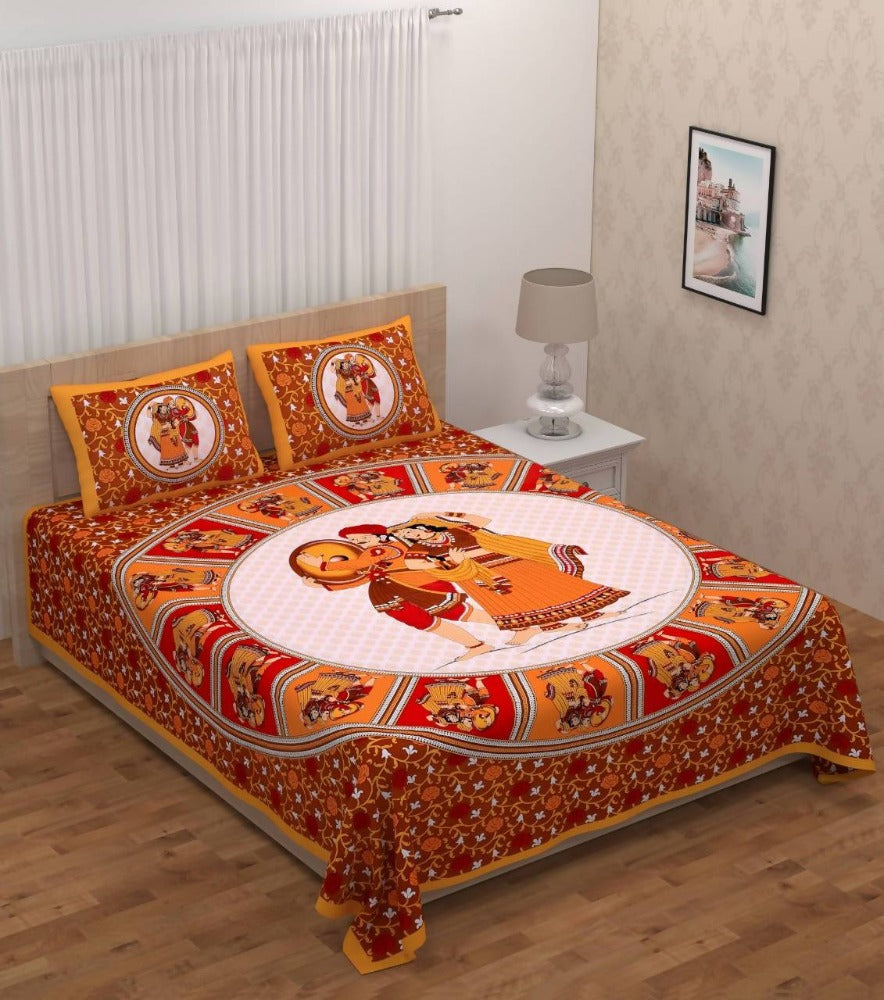Vamika Printed Cotton Dafli Orange Bedsheet With Pillow Covers (PM Dafli Orange) | Grocsy