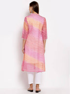 Myshka Women's Pink Cotton Printed 3/4 Sleeve Round Neck Casual Kurta | Grocsy