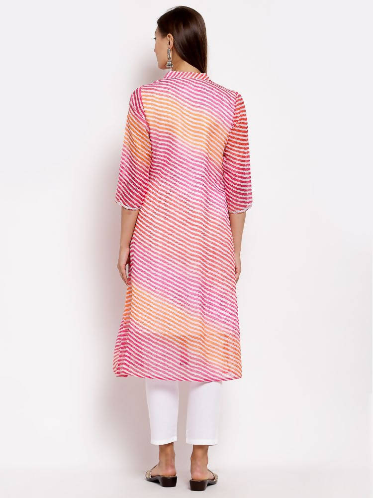 Myshka Women's Pink Cotton Printed 3/4 Sleeve Round Neck Casual Kurta | Grocsy