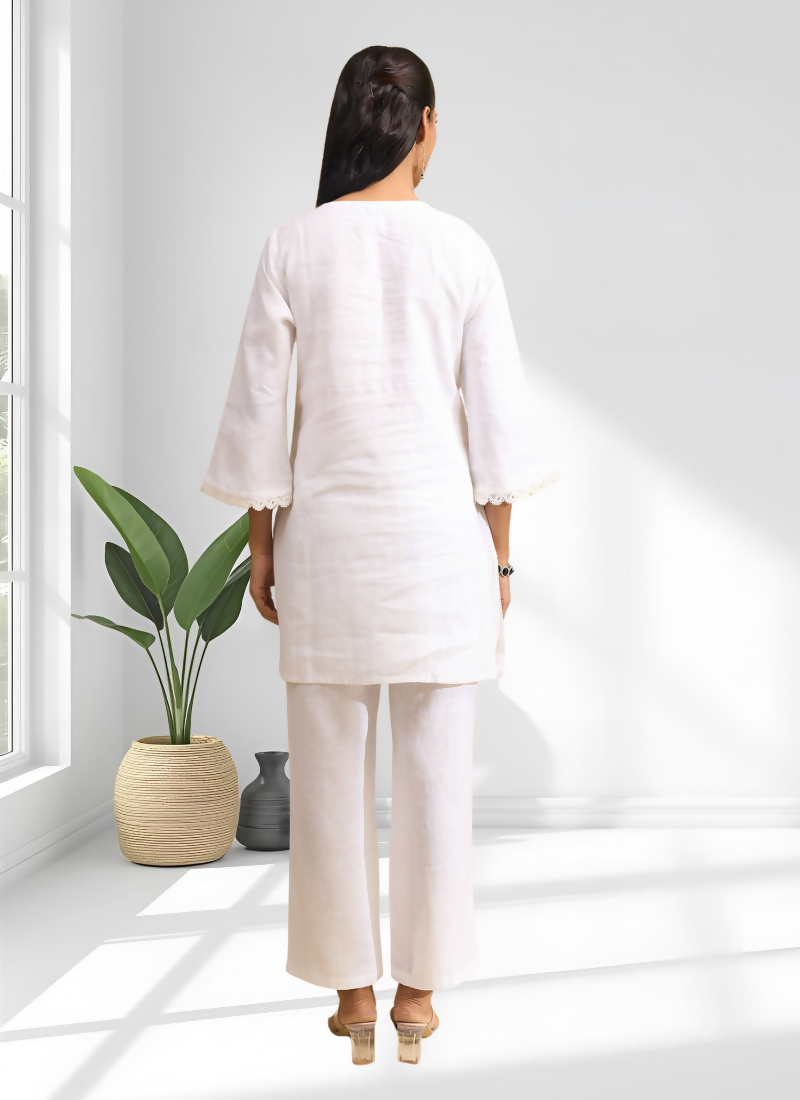 Joban Fashion Off White Linen Embroidered Readymade Cord Set | Grocsy