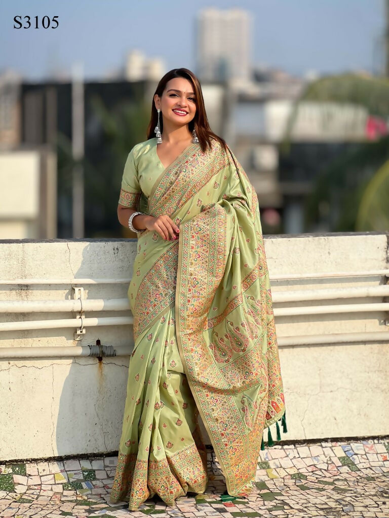 Pista Pashmina Silk Wevon Kashmiri Meenakari Designer Saree with Unstitched Blouse - Vandini | Grocsy