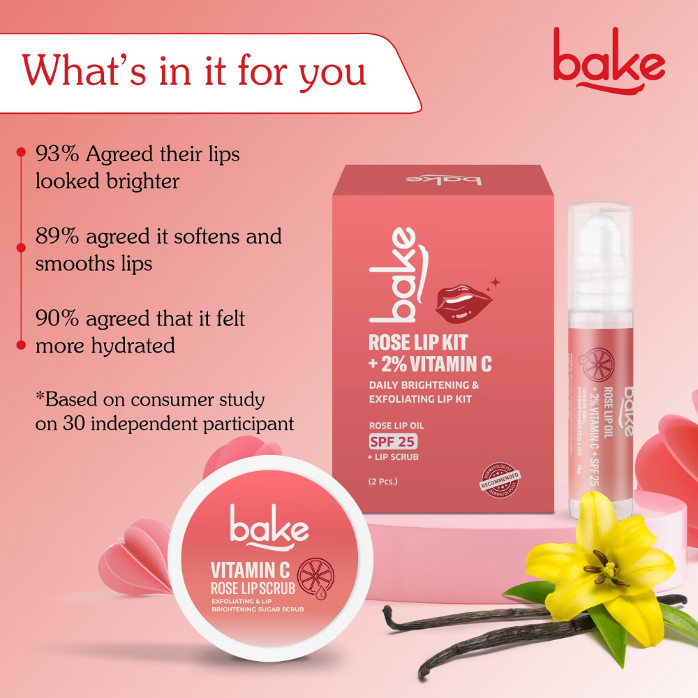 Bake Vitamin C Rose Lip Kit With Lip Balm SPF 25 & Lip Scrub For Dark & Pigmented Lips | Grocsy