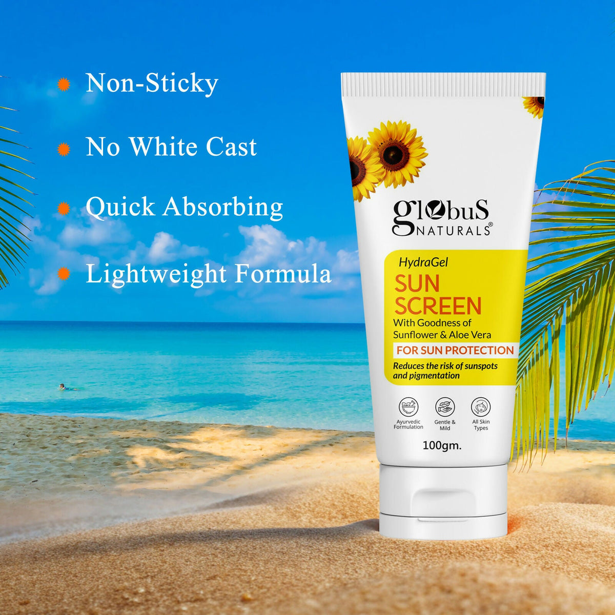 Globus Naturals Hydra Gel Sunscreen With Goodness of Sunflower & AloeVera For Sun Protection All Skin Types | Grocsy