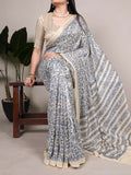 Vastranavya Blue Tussar Silk Printed Saree with Unstitched Blouse | Grocsy