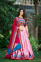 Vastranavya Luxurious Tussar Silk Print With Foil Work Lehenga Choli - Peach | Grocsy