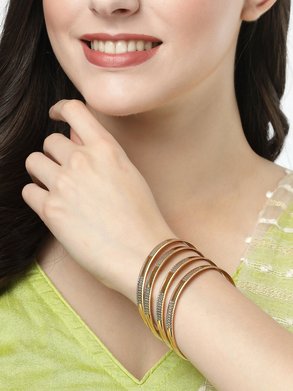NVR Women's Set of 4 Gold-Polished CZ-Studded Traditional Bangles | Grocsy
