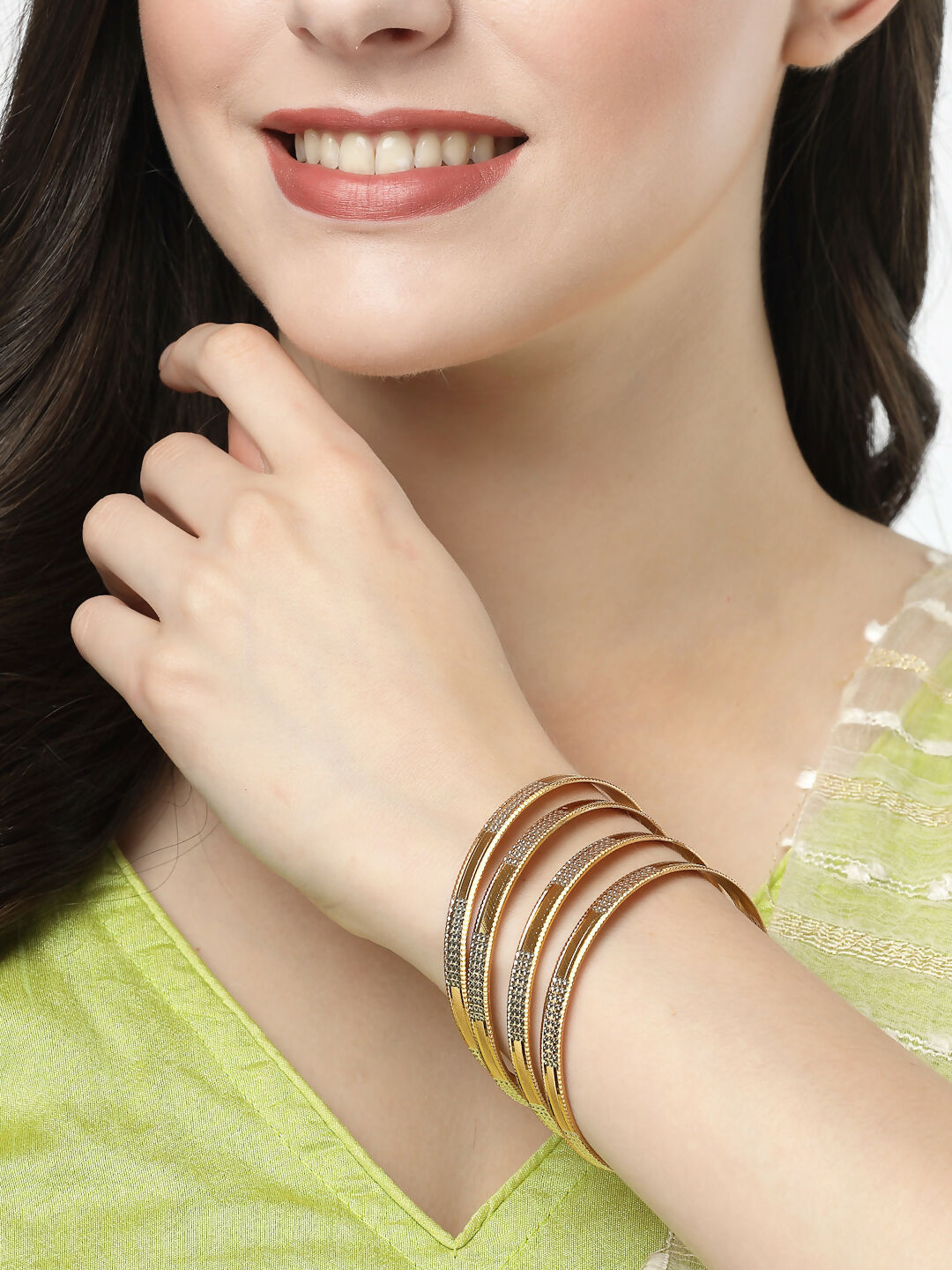 NVR Women's Set of 4 Gold-Polished CZ-Studded Traditional Bangles | Grocsy