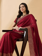 Maroon Silk Blend Embroidered Saree with Unstitched Blouse - Vairagi | Grocsy