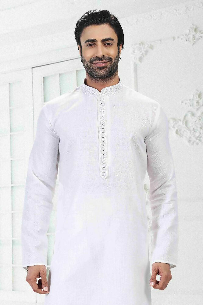Raivat Ethnic Linen Cotton Thread Work Kurta Pajama In Off White Colour | Grocsy
