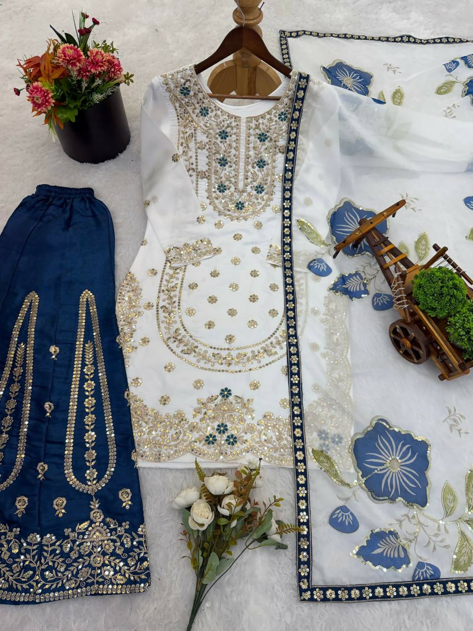 Teeya Creation Blue Gimmy Silk Designer Embroidery Work Wedding Wear Palazzo Pair | Grocsy