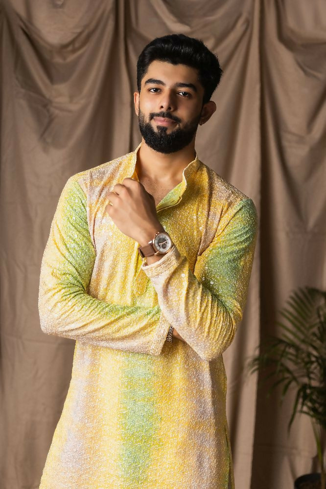 Yellow Rayon Thread Embroidery Work Kurta Set - Mahotsav | Grocsy