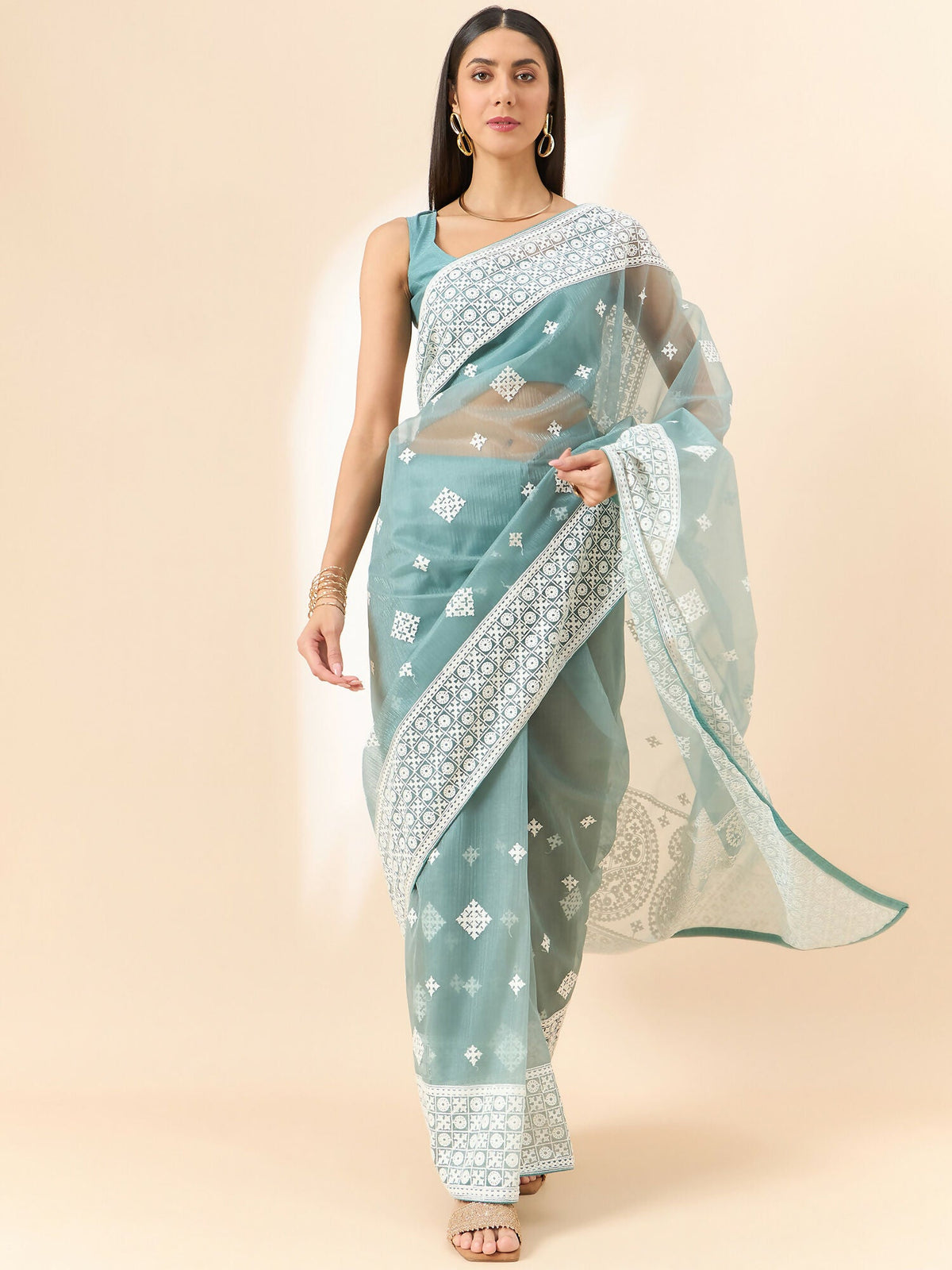 Blue Organza Geometric Embroidered Saree with Unstitched Blouse Piece - Roozal | Grocsy