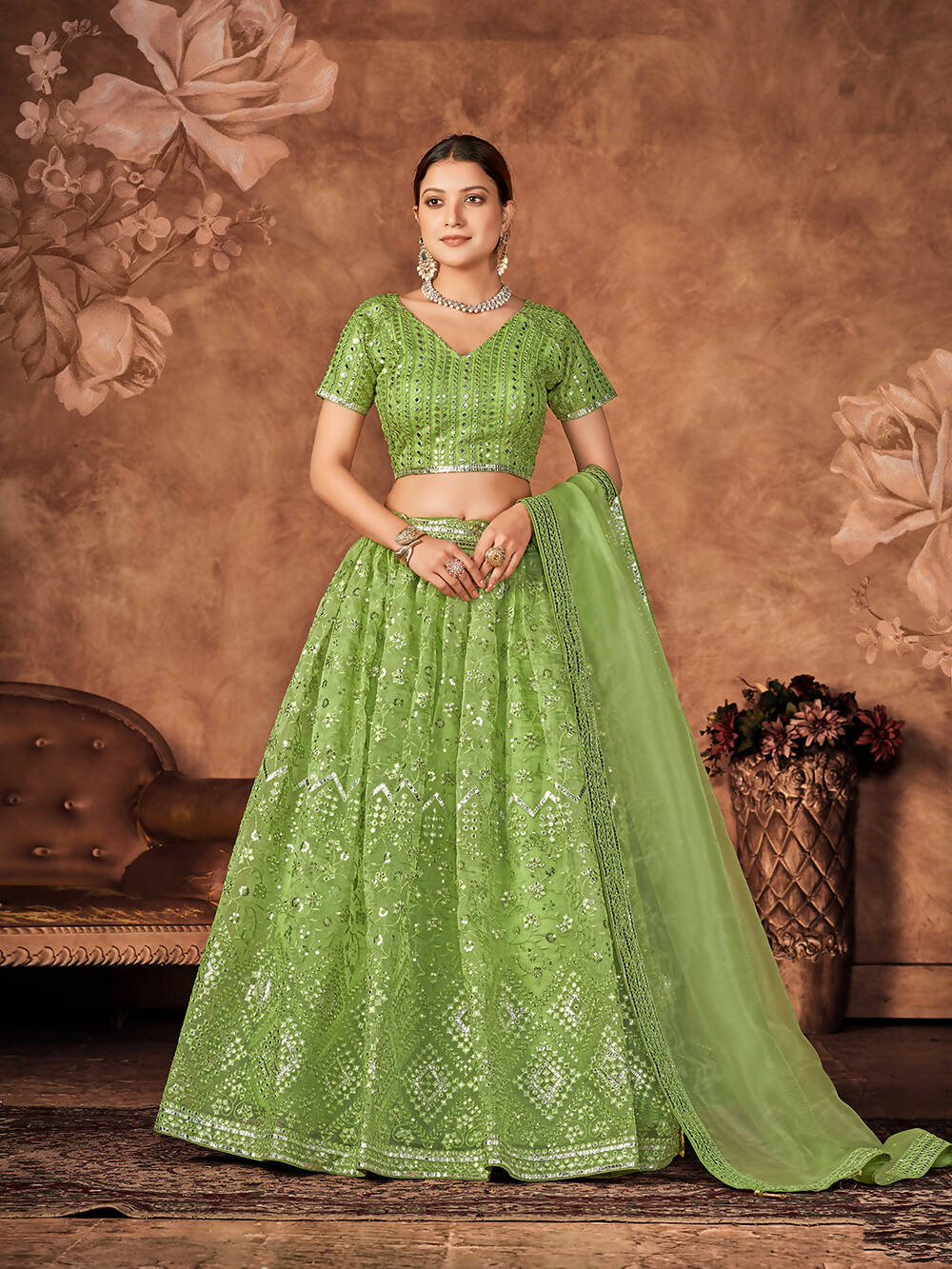 Wedding Designer Parrot Organza lehengha Choli - Anbazaar | Grocsy