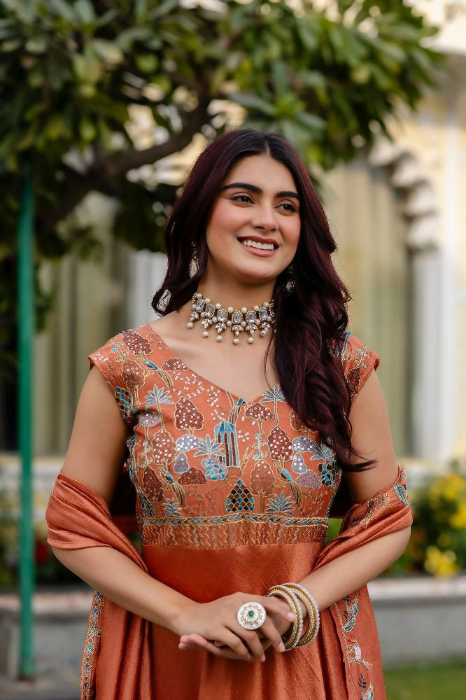 Teeya Creation Orange Color Vichitra Silk Designer Party Wear long Gown | Grocsy