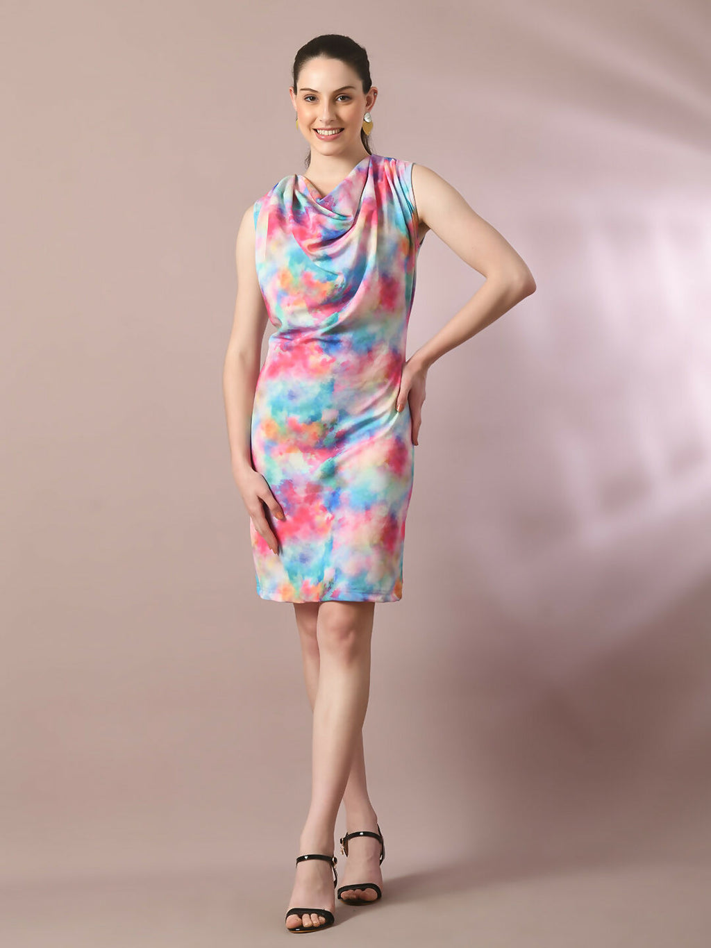 Myshka Women's Multi Printed Cowl Neck Bodycon Party Dress | Grocsy