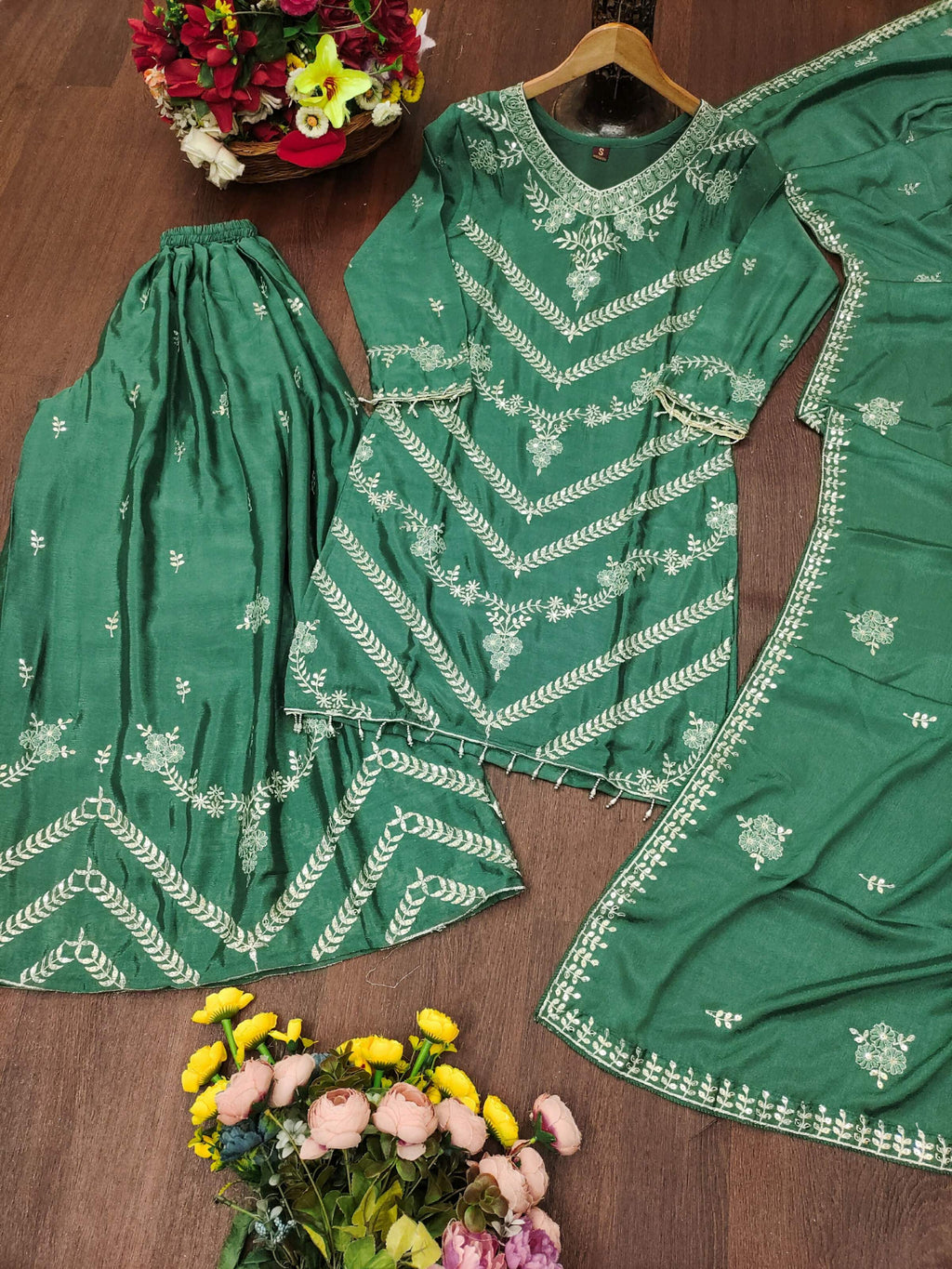 The52 Women's Gorgeous Embroidery Work Chinon Fabric Straight Kurta Sharara and Dupatta Set-Green | Grocsy